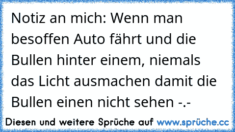 Notiz an mich: Wenn man besoffen Auto fährt und die Bullen hinter einem, niemals das Licht ausmachen damit die Bullen einen nicht sehen -.-