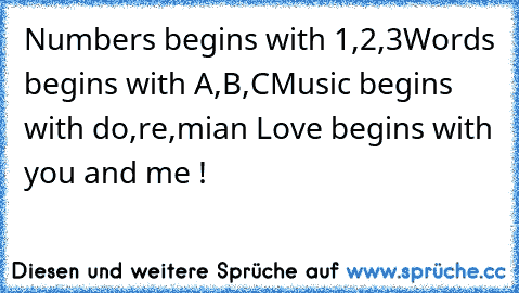 Numbers begins with 1,2,3
Words begins with A,B,C
Music begins with do,re,mi
an Love begins with you and me !