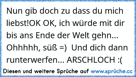 Nun gib doch zu dass du mich liebst!
OK OK, ich würde mit dir bis ans Ende der Welt gehn...
 Ohhhhh, süß =) ♥
 Und dich dann runterwerfen...
 ARSCHLOCH :(