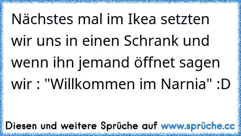 Nächstes mal im Ikea setzten wir uns in einen Schrank und wenn ihn jemand öffnet sagen wir : "Willkommen im Narnia" :D