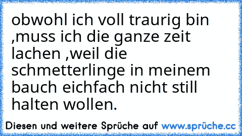 obwohl ich voll traurig bin ,muss ich die ganze zeit lachen ,weil die schmetterlinge in meinem bauch eichfach nicht still halten wollen.