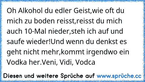 Oh Alkohol du edler Geist,
wie oft du mich zu boden reisst,
reisst du mich auch 10-Mal nieder,
steh ich auf und saufe wieder!
Und wenn du denkst es geht nicht mehr,
kommt irgendwo ein Vodka her.
Veni, Vidi, Vodca