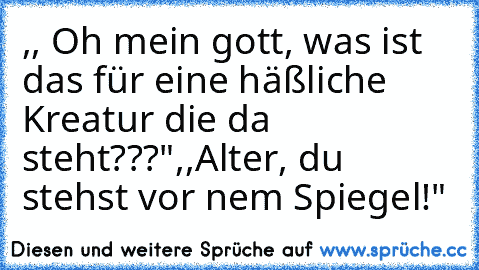 ,, Oh mein gott, was ist das für eine häßliche Kreatur die da steht???"
,,Alter, du stehst vor nem Spiegel!"