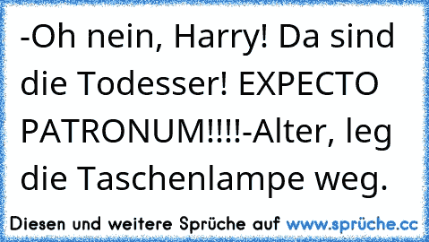 -Oh nein, Harry! Da sind die Todesser! EXPECTO   PATRONUM!!!!
-Alter, leg die Taschenlampe weg.