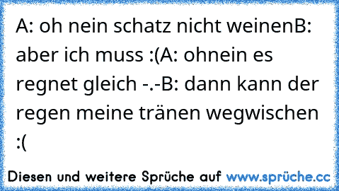 A: oh nein schatz nicht weinen
B: aber ich muss :(
A: ohnein es regnet gleich -.-
B: dann kann der regen meine tränen wegwischen :(