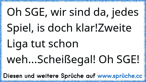 Oh SGE, wir sind da, jedes Spiel, is doch klar!
Zweite Liga tut schon weh...
Scheißegal! Oh SGE!