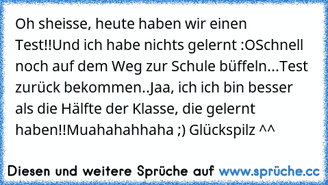 Oh sheisse, heute haben wir einen Test!!
Und ich habe nichts gelernt :O
Schnell noch auf dem Weg zur Schule büffeln...
Test zurück bekommen..
Jaa, ich ich bin besser als die Hälfte der Klasse, die gelernt haben!!
Muahahahhaha ;) Glückspilz ^^