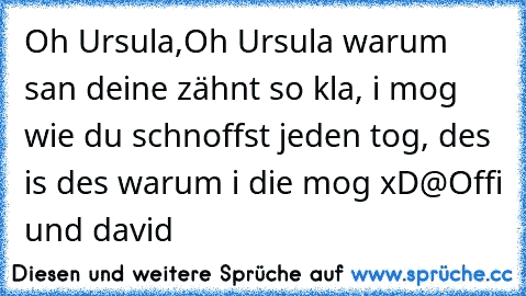 Oh Ursula,Oh Ursula warum san deine zähnt so kla, i mog wie du schnoffst jeden tog, des is des warum i die mog xD
@Offi und david