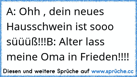 A: Ohh , dein neues Hausschwein ist sooo süüüß!!!
B: Alter lass meine Oma in Frieden!!!!