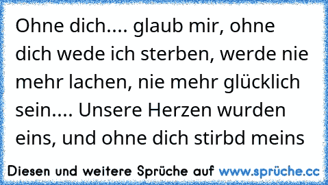 Ohne dich.... glaub mir, ohne dich wede ich sterben, werde nie mehr lachen, nie mehr glücklich sein.... Unsere Herzen wurden eins, und ohne dich stirbd meins