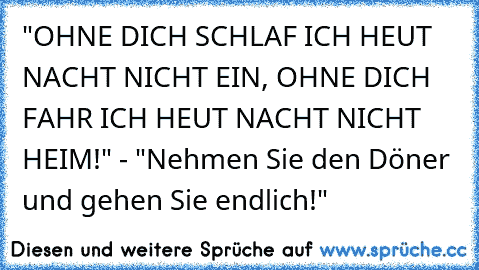 "OHNE DICH SCHLAF ICH HEUT NACHT NICHT EIN, OHNE DICH FAHR ICH HEUT NACHT NICHT HEIM!" - "Nehmen Sie den Döner und gehen Sie endlich!"