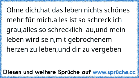 Ohne dich,
hat das leben nichts schönes mehr für mich.
alles ist so schrecklich grau,
alles so schrecklich lau,
und mein leben wird sein,
mit gebrochenem herzen zu leben,
und dir zu vergeben