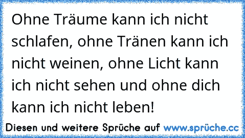 Ohne Träume kann ich nicht schlafen, ohne Tränen kann ich nicht weinen, ohne Licht kann ich nicht sehen und ohne dich kann ich nicht leben!