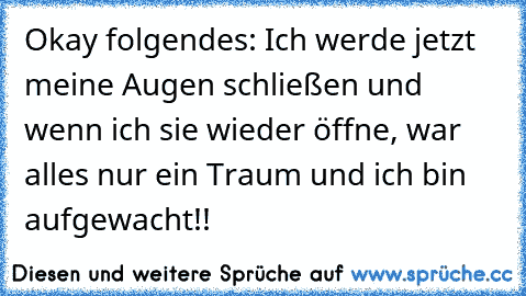 Okay folgendes: Ich werde jetzt meine Augen schließen und wenn ich sie wieder öffne, war alles nur ein Traum und ich bin aufgewacht!!