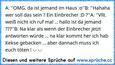 A: ''OMG, da ist jemand im Haus :o''
B: ''Hahaha wer soll das sein ? Ein Einbrecher :D ?''
A: ''Vllt. weiß nicht ich ruf mal ... hallo ist da jemand ???''
B: Na klar als wenn der Einbrecher jetzt antworten würde ... na klar kommt her ich hab Kekse gebacken ... aber dannach muss ich euch töten ! -.- -.-