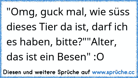 "Omg, guck mal, wie süss dieses Tier da ist, darf ich es haben, bitte?"
"Alter, das ist ein Besen" :O