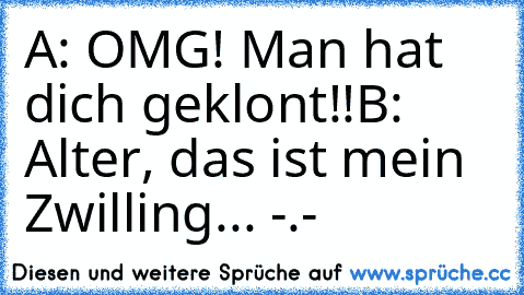 A: OMG! Man hat dich geklont!!
B: Alter, das ist mein Zwilling... -.-