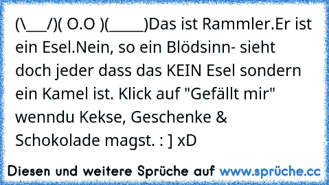 (\___/)
( O.O )
(_____)
Das ist Rammler.
Er ist ein Esel.
Nein, so ein Blödsinn- sieht doch jeder dass das KEIN Esel sondern ein Kamel ist. 
Klick auf "Gefällt mir" wenndu Kekse, Geschenke & Schokolade magst. : ] xD