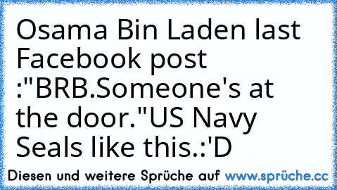 Osama Bin Laden last Facebook post :"BRB.Someone's at the door."
US Navy Seals like this.
:'D