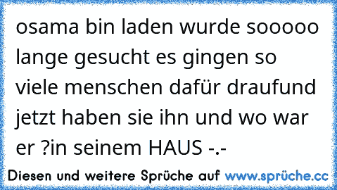 osama bin laden wurde sooooo lange gesucht es gingen so viele menschen dafür drauf
und jetzt haben sie ihn und wo war er ?
in seinem HAUS -.-