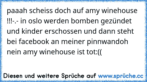 paaah scheiss doch auf amy winehouse !!!-.- in oslo werden bomben gezündet und kinder erschossen und dann steht bei facebook an meiner pinnwand
oh nein amy winehouse ist tot:((