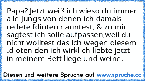 Papa? Jetzt weiß ich wieso du immer alle Jungs von denen ich damals redete Idioten nanntest, & zu mir sagtest ich solle aufpassen,
weil du nicht wolltest das ich wegen diesem Idioten den ich wirklich liebte jetzt in meinem Bett liege und weine..