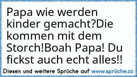 Papa wie werden kinder gemacht?
Die kommen mit dem Storch!
Boah Papa! Du fickst auch echt alles!!