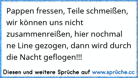 Pappen fressen, Teile schmeißen, wir können uns nicht zusammenreißen, hier nochmal ne Line gezogen, dann wird durch die Nacht geflogen!!!