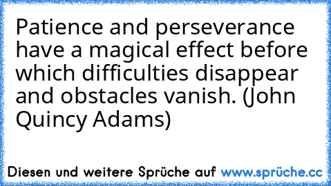 Patience and perseverance have a magical effect before which difficulties disappear and obstacles vanish. (John Quincy Adams)