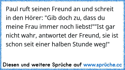 Paul ruft seinen Freund an und schreit in den Hörer: "Gib doch zu, dass du meine Frau immer noch liebst!"
"Ist gar nicht wahr, antwortet der Freund, sie ist schon seit einer halben Stunde weg!"