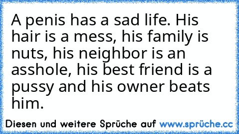 A penis has a sad life. His hair is a mess, his family is nuts, his neighbor is an asshole, his best friend is a pussy and his owner beats him.