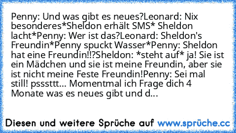 Penny: Und was gibt es neues?
Leonard: Nix besonderes
*Sheldon erhält SMS* Sheldon lacht*
Penny: Wer ist das?
Leonard: Sheldon's Freundin
*Penny spuckt Wasser*
Penny: Sheldon hat eine Freundin!!?
Sheldon: *steht auf* ja! Sie ist ein Mädchen und sie ist meine Freundin, aber sie ist nicht meine Feste Freundin!
Penny: Sei mal still! psssttt... Momentmal ich Frage dich 4 Monate was es neues gibt un...