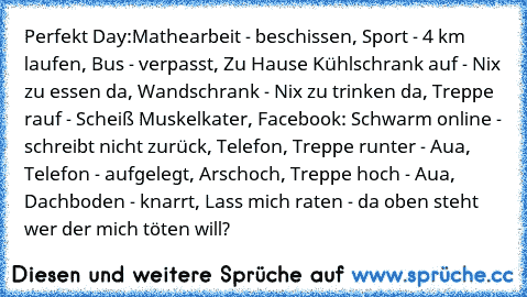 Perfekt Day:
Mathearbeit - beschissen, Sport - 4 km laufen, Bus - verpasst, Zu Hause Kühlschrank auf - Nix zu essen da, Wandschrank - Nix zu trinken da, Treppe rauf - Scheiß Muskelkater, Facebook: Schwarm online - schreibt nicht zurück, Telefon, Treppe runter - Aua, Telefon - aufgelegt, Arschoch, Treppe hoch - Aua², Dachboden - knarrt, Lass mich raten - da oben steht wer der mich töten will?