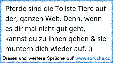 Pferde sind die Tollste Tiere auf der, qanzen Welt. ♥
Denn, wenn es dir mal nicht gut geht, kannst du zu ihnen qehen & sie muntern dich wieder auf. :) ♥