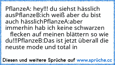 PflanzeA: hey!!! du siehst hässlich aus
PflanzeB:ich weiß aber du bist auch hässlich
PflanzeA:aber immerhin hab ich keine schwarzen       flecken auf meinen blättern so wie du!!!
PflanzeB:Das ist jetzt überall die neuste mode und total in