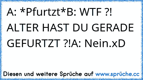 A: *Pfurtzt*
B: WTF ?! ALTER HAST DU GERADE GEFURTZT ?!
A: Nein.
xD