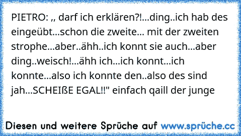 PIETRO: ,, darf ich erklären?!...ding..ich hab des eingeübt...schon die zweite... mit der zweiten strophe...aber..ähh..ich konnt sie auch...aber ding..weisch!...ähh ich...ich konnt...ich konnte...also ich konnte den..also des sind jah...SCHEIßE EGAL!!" einfach qaill der junge