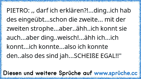 PIETRO: ,, darf ich erklären?!...ding..ich hab des eingeübt...schon die zweite... mit der zweiten strophe...aber..ähh..ich konnt sie auch...aber ding..weisch!...ähh ich...ich konnt...ich konnte...also ich konnte den..also des sind jah...SCHEIßE EGAL!!"