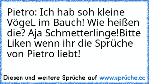 Pietro: Ich hab soh kleine VögeL im Bauch! Wie heißen die? Aja Schmetterlinge!
Bitte Liken wenn ihr die Sprüche von Pietro liebt!