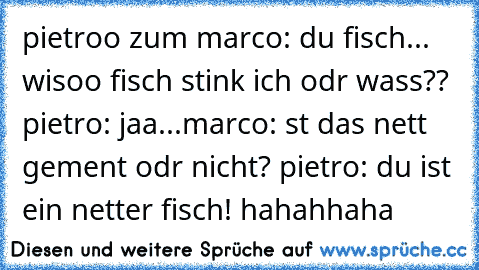 pietroo zum marco: du fisch... wisoo fisch stink ich odr wass?? pietro: jaa...marco: st das nett gement odr nicht? pietro: du ist ein netter fisch! hahahhaha