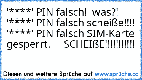 '****' PIN falsch!  was?! '****' PIN falsch scheiße!!!! '****' PIN falsch SIM-Karte gesperrt.     SCHEIßE!!!!!!!!!!!