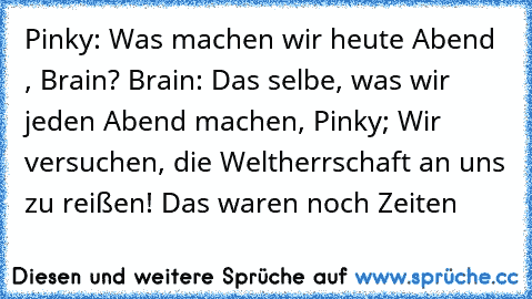 Pinky: Was machen wir heute Abend , Brain? 
Brain: Das selbe, was wir jeden Abend machen, Pinky; Wir versuchen, die Weltherrschaft an uns zu reißen! 
Das waren noch Zeiten