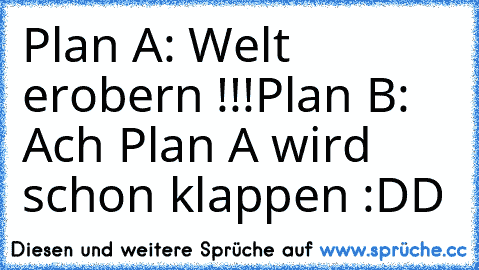 Plan A: Welt erobern !!!
Plan B: Ach Plan A wird schon klappen :DD