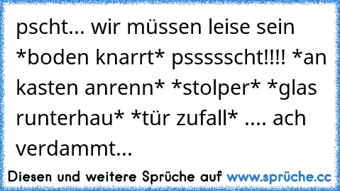 pscht... wir müssen leise sein *boden knarrt* pssssscht!!!! *an kasten anrenn* *stolper* *glas runterhau* *tür zufall* .... ach verdammt...