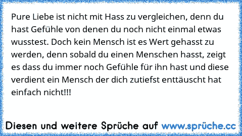 Pure Liebe ist nicht mit Hass zu vergleichen, denn du hast Gefühle von denen du noch nicht einmal etwas wusstest. Doch kein Mensch ist es Wert gehasst zu werden, denn sobald du einen Menschen hasst, zeigt es dass du immer noch Gefühle für ihn hast und diese verdient ein Mensch der dich zutiefst enttäuscht hat einfach nicht!!!