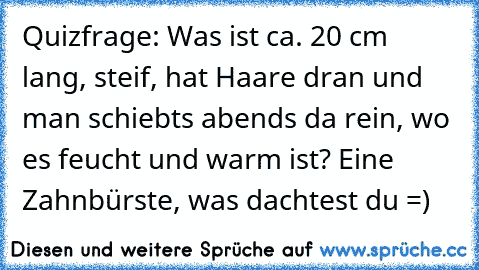 Quizfrage: Was ist ca. 20 cm lang, steif, hat Haare dran und man schiebts abends da rein, wo es feucht und warm ist? 
Eine Zahnbürste, was dachtest du =)