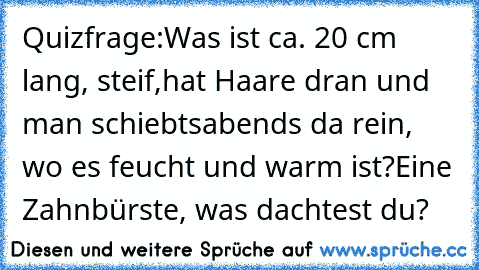 Quizfrage:
Was ist ca. 20 cm lang, steif,
hat Haare dran und man schiebts
abends da rein, wo es feucht und warm ist?
Eine Zahnbürste, was dachtest du?