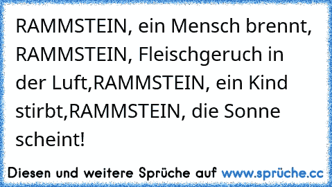 RAMMSTEIN, ein Mensch brennt, RAMMSTEIN, Fleischgeruch in der Luft,
RAMMSTEIN, ein Kind stirbt,
RAMMSTEIN, die Sonne scheint!