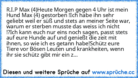 R.I.P Max (4)
Heute Morgen gegen 4 Uhr ist mein Hund Max (4) gestorben !
Ich habe ihn sehr geliebt weil er süß und stets an meiner Seite war, warum er sterben musste das weiss ich nicht !?
Ich kann euch nur eins noch sagen, passt stets auf eure Hunde auf und genießt die zeit mit ihnen, so wie ich es getann habe!
Schütz eure Tiere vor Bösen Leuten und krankheiten, wenn ihr sie schütz gibt mir ei...