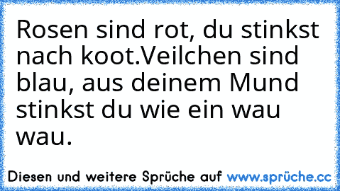 Rosen sind rot, du stinkst nach koot.
Veilchen sind blau, aus deinem Mund stinkst du wie ein wau wau.